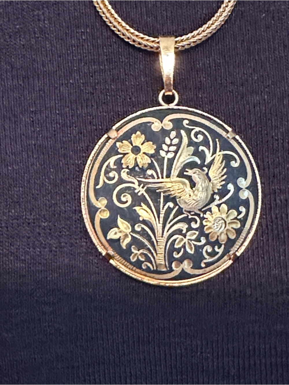 Vintage Damascene Gold & Black Floral‎ Bird Pendant Necklace